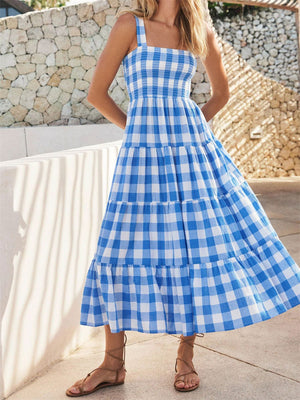 Summer Leisure Plaid Bustier Swing Dress for Women