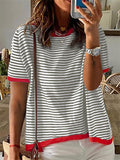 Stripe Contrast Color Short Sleeve Knitted Tops for Women