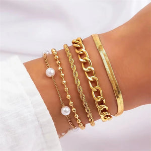 5Pcs/Set Female Pearl Mini Bead Metal Chain Bracelets