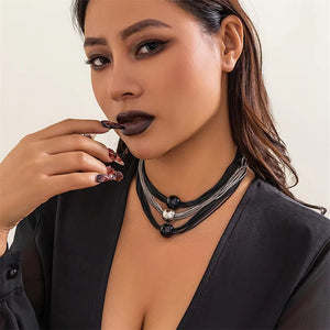 Exaggerated Multilayer Metal Chain Silver Black Necklace for Women