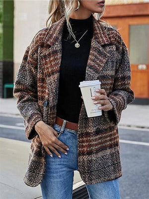 Female Vintage Plaid Autumn Loose Lapel Woolen Coat