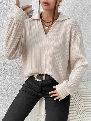 Women's Solid Color V Neck Striped Texture Long Sleeve Shirt