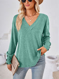 Buttoned Cuffs V-Neck Basic T-Shirts for Ladies