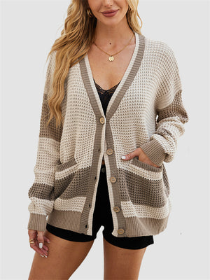 Lazy Contrast Color Stripe Button Up Loose Knitted Sweater for Women