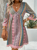 Bohemian Print V Neck Lace Hem Mini Dress for Women