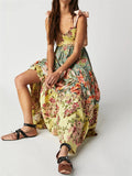 French Retro Floral Print Strappy Midi Dress for Lady