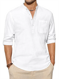 Men's Cotton Linen Button Henley Shirts with Pocket