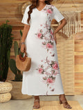 Women's Plus Size Flower Printed Short Sleeve V-Neck Dress