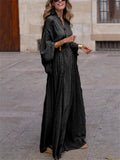 Retro V Neck Wide Sleeve Waisted Long Dress for Lady