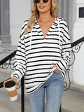 Classic Stripe V Neck Drawstring Hoodies for Women