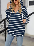 Classic Stripe V Neck Drawstring Hoodies for Women