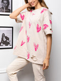 Sweet Heart Print Ripped Fashion T-shirts for Women