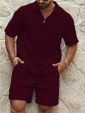 Men's Solid Color Waffle Lapel Shirt Shorts Sweatsuit