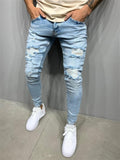 Comfortable Ripped Slim-fit Light Blue Jeans for Men