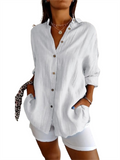 Women's Pleated Single Breasted Long Sleeve Lapel Blouses