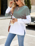 Stripe & Solid Color Round Neck Loose Sweatshirt for Female