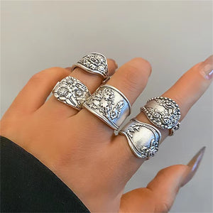 Ethnic Style Hand-Carved Flower 5Pcs/Set Women's Opening Ring