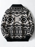 Male Bold Black & White Geometric Pattern Shawl Collar Sweater