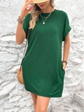 Holiday Simple Round Neck Batwing Short Sleeve Mini Dress for Lady