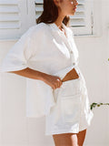 Women's Casual White Two Piece Set Lapel Shirt + Summer Shorts