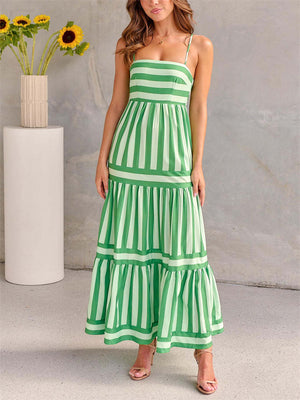 Ladies Casual Striped Backless Slip Dress with Pockets