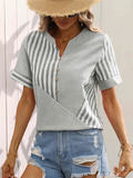 Leisure V Neck Stripe Patchwork Design Short Sleeve Shirt for Women