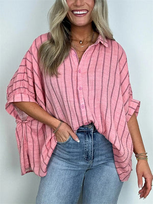 Vintage Vertical Stripe Batwing Sleeve Plus Size Ladies Blouses