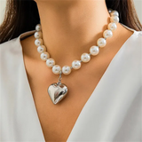 Ladies Faux Pearl Electroplate Heart Pendant Necklace