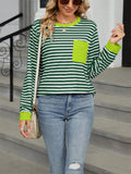 Contrast Color Stripe Chest Pocket Long Sleeve Shirt for Women