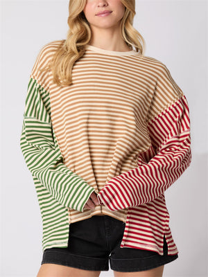 Multicolor Stripes Irregular Long Sleeve T-shirts for Women