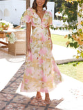 French Romantic Floral Print V Neck Cut Out Midi Dress for Lady