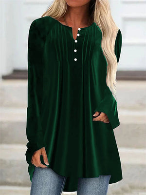 Female V-neck Button Decor Asymmetrical Hem Pleated Velvet T-shirt