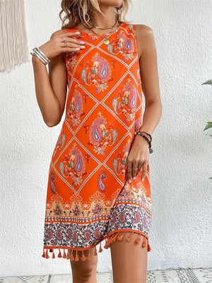 Ladies Print Tassels Hem Sleeveless Dresses for Vacation