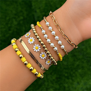 Fashion 7pcs/Set Daisy Imitation Pearl Snake Chain Bracelets