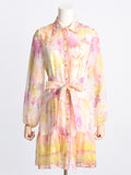 Women's Lapel Long Sleeve Floral Chiffon Dress