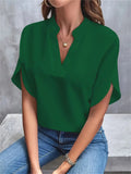 Female Simple Elegant V Neck Split Short Sleeve Shirt