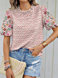 Ladies Floral Embroidered Leaf Print Puff Sleeve T-shirts