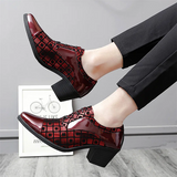 Male Square Check Pattern Mid Cuban Heel Dress Shoes