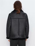 Women's Faux Lamb Wool Motorcycle Jacket with Zipper Pocket