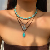 3pcs/Set Turquoise Beads Ox-head & Cactus Pendant Necklaces