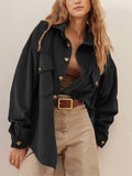 Ladies Corduroy Lapel Blouse with Buttoned Flap Pockets