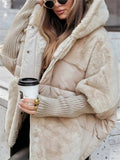 Winter Batwing Sleeve Plush Patchwork Hooded Down Coat for Women