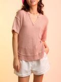 Candy Color V Neck Plaid Texture Casual T-shirts for Women