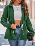 Female Stand Collar Waisted Drawstring Zipper Fuzzy Coat