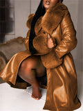 Vintage Personality Faux Fur Collar Glossy Leather Coat for Women