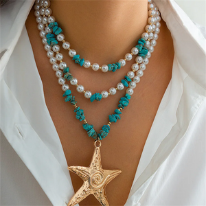 Multilayered Imitation Pearl Stone Spiral Starfish Pendant Necklaces