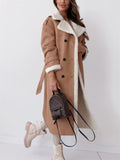 Ladies Elegant Lapel Plush Lining Mid-Length Coat with Waistband