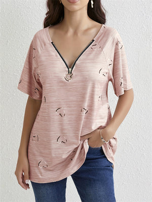 Zip V Neck Heart-Shaped Print Short Sleeve Shirt for Women