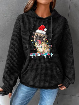 Female Waffle Leisure Cute Pug Print Long Sleeve Hoodies