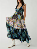 French Retro Floral Print Strappy Midi Dress for Lady